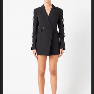 Women's Black Blazer Romper with Rhinestone bows